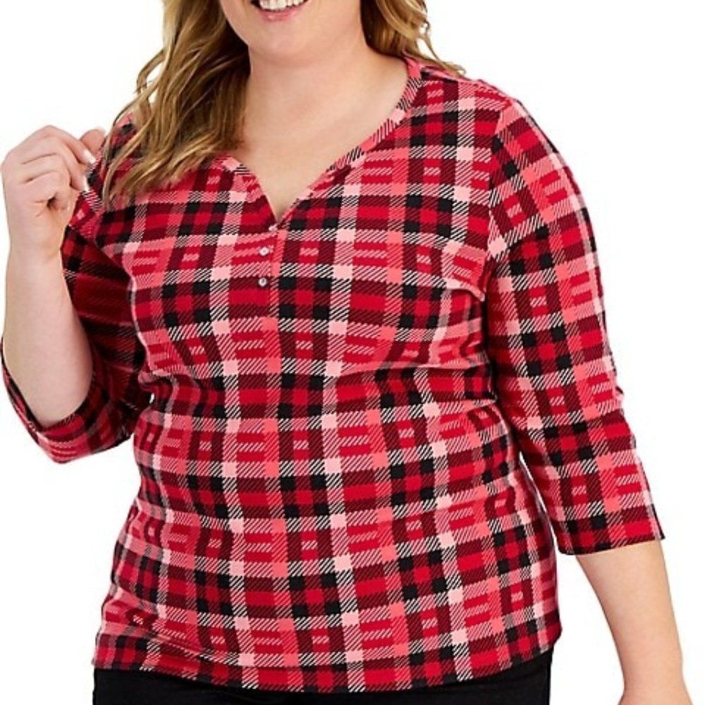 Karen Scott Petite Ballot Plaid Henley Top For Women's Size OX
